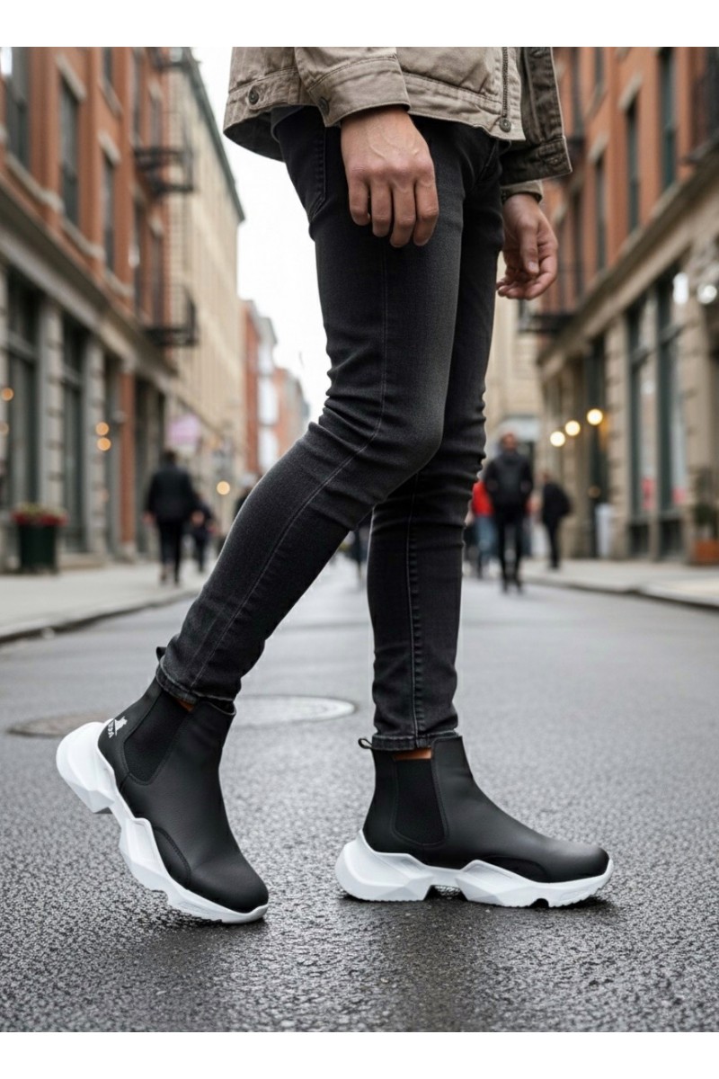 Mens High Top Sneakers - Black White - 0444 Mens High Top Sneakers - Black White - 0444