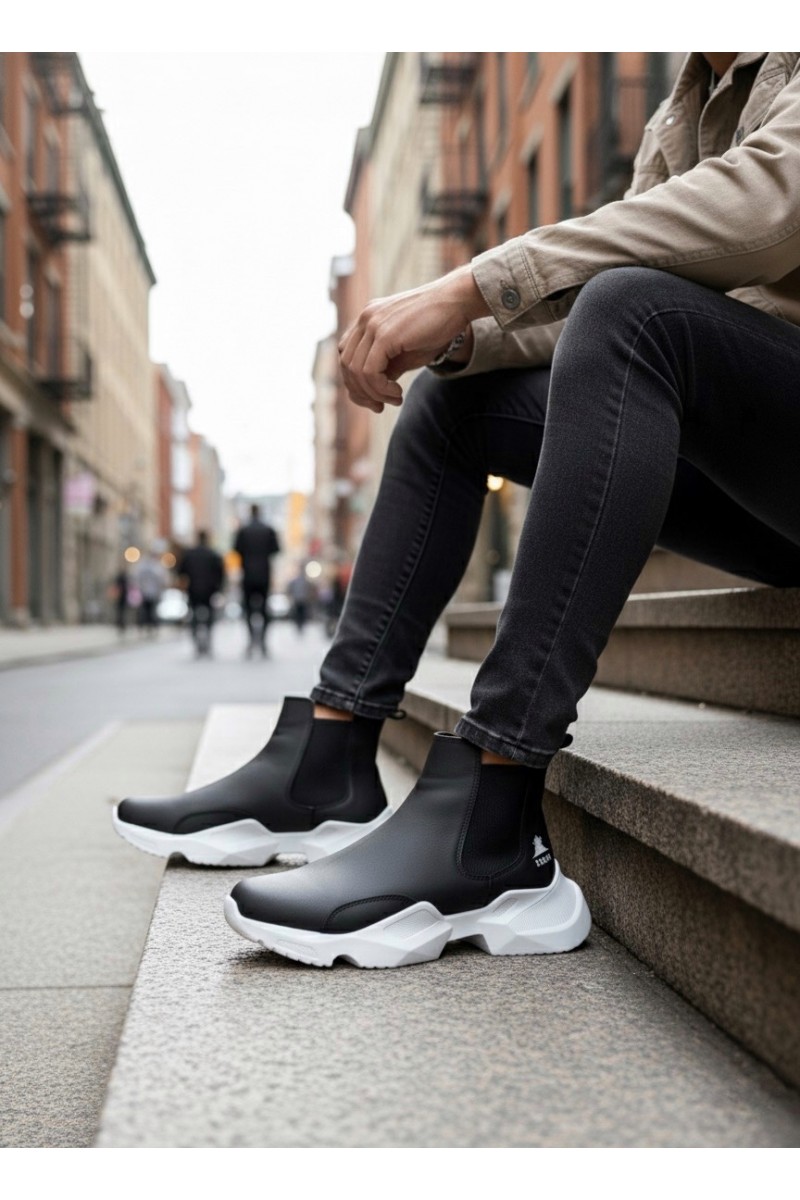Mens High Top Sneakers - Black White - 0444 Mens High Top Sneakers - Black White - 0444