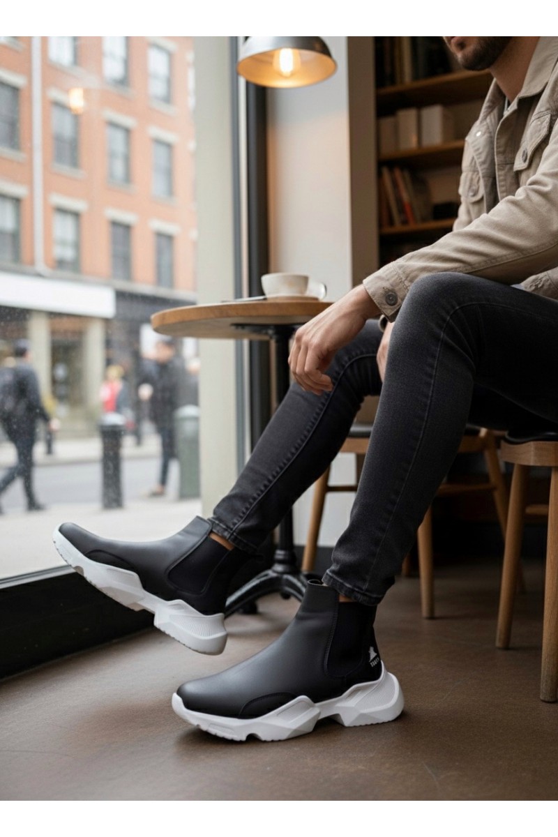 Mens High Top Sneakers - Black White - 0444 Mens High Top Sneakers - Black White - 0444