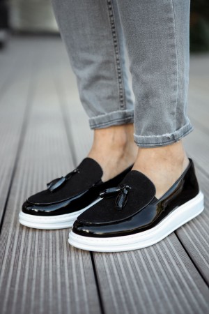 Mens Loafer - Black White Patent Leather - 002