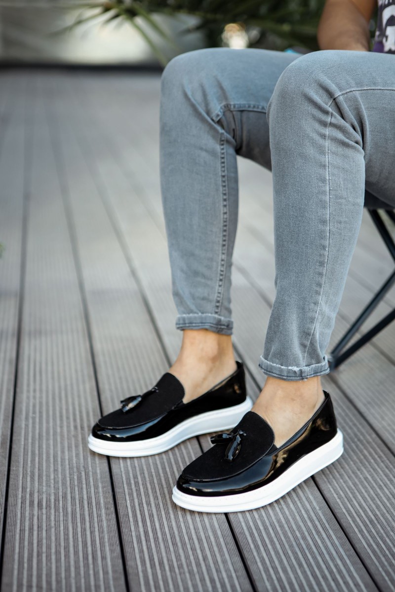 Mens Loafer - Black White Patent Leather - 002