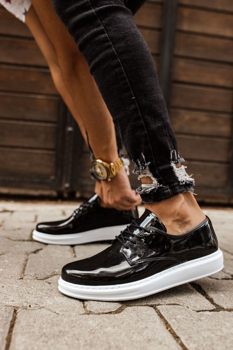 Mens Classic Shoes - Black White Patent Leather - 003