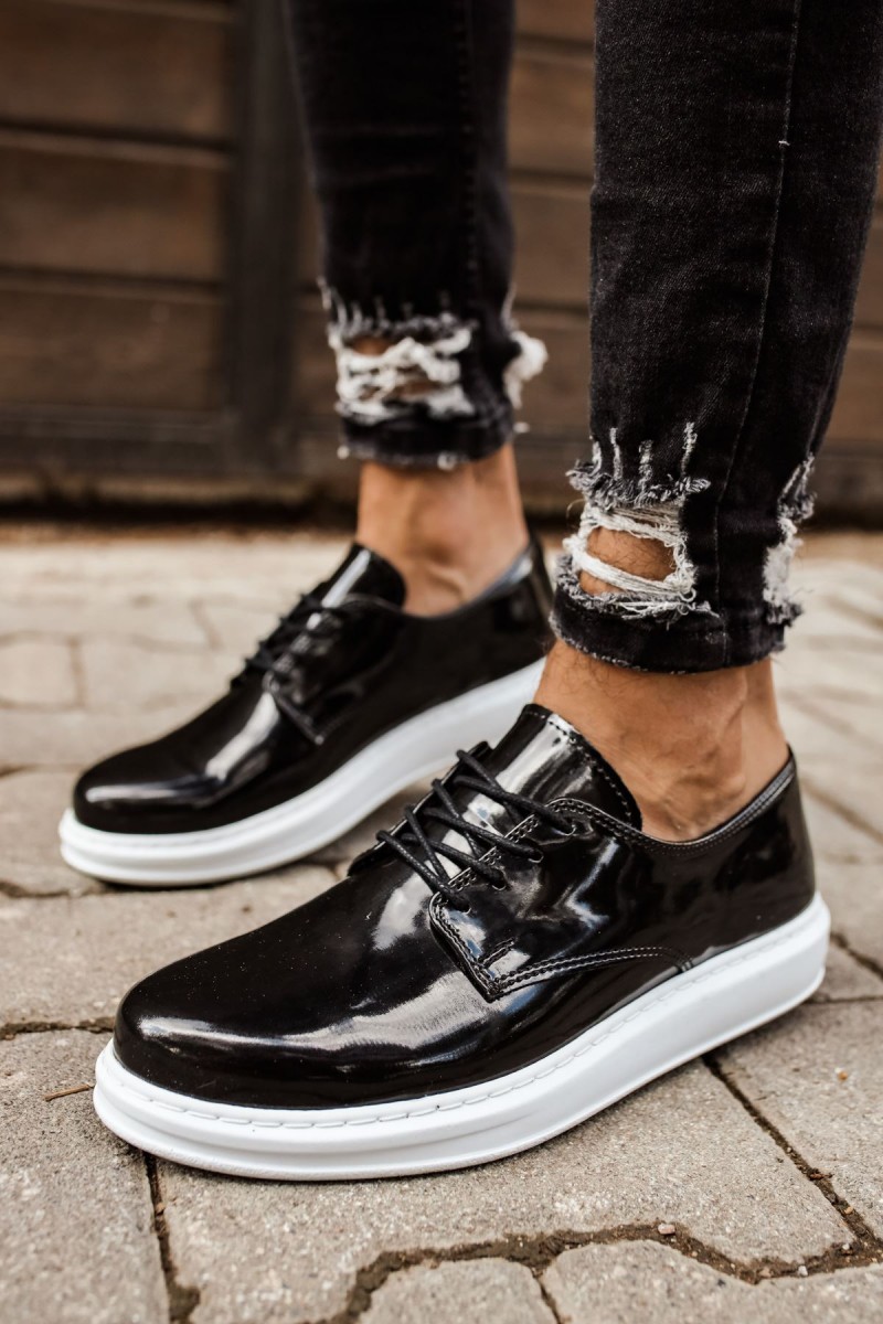 Mens Classic Shoes - Black White Patent Leather - 003