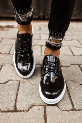 Mens Classic Shoes - Black White Patent Leather - 003