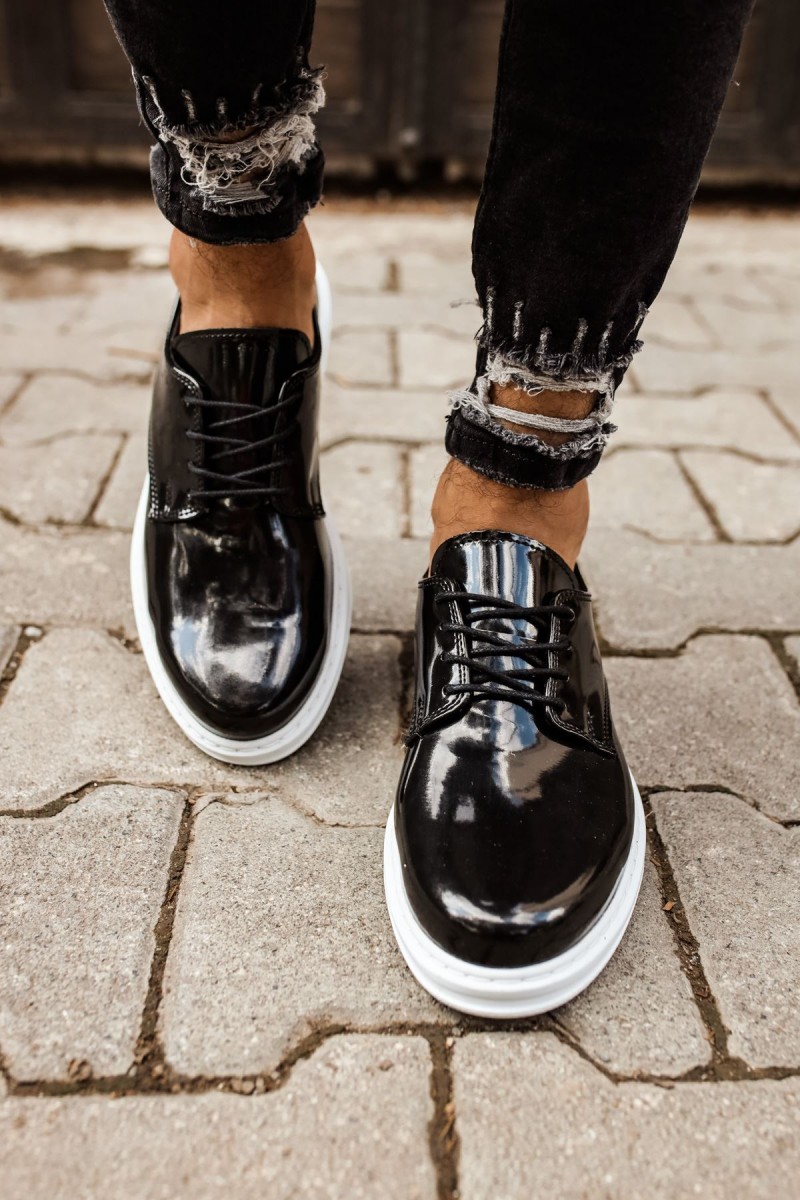 Mens Classic Shoes - Black White Patent Leather - 003