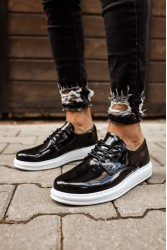 Mens Classic Shoes - Black White Patent Leather - 003