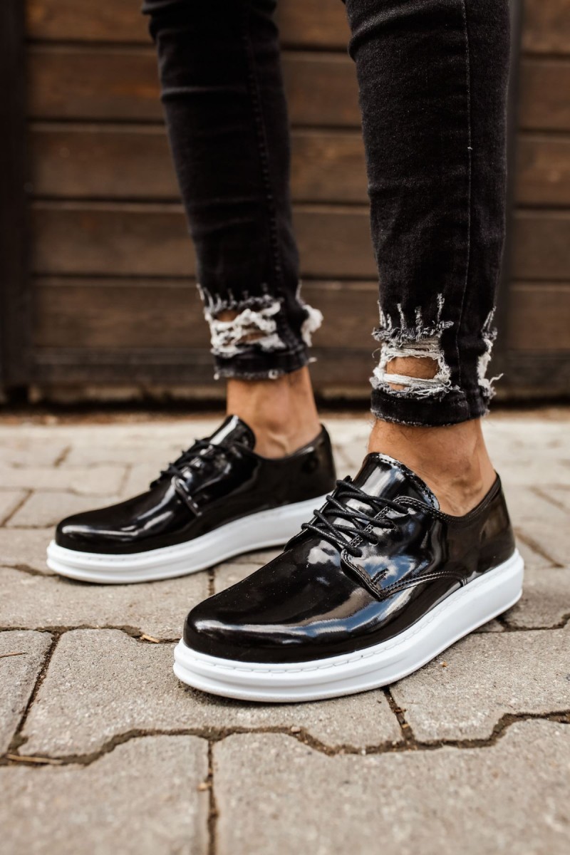 Mens Classic Shoes - Black White Patent Leather - 003