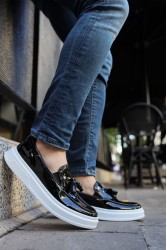 Mens Classic Shoes - Black White Patent Leather - 127