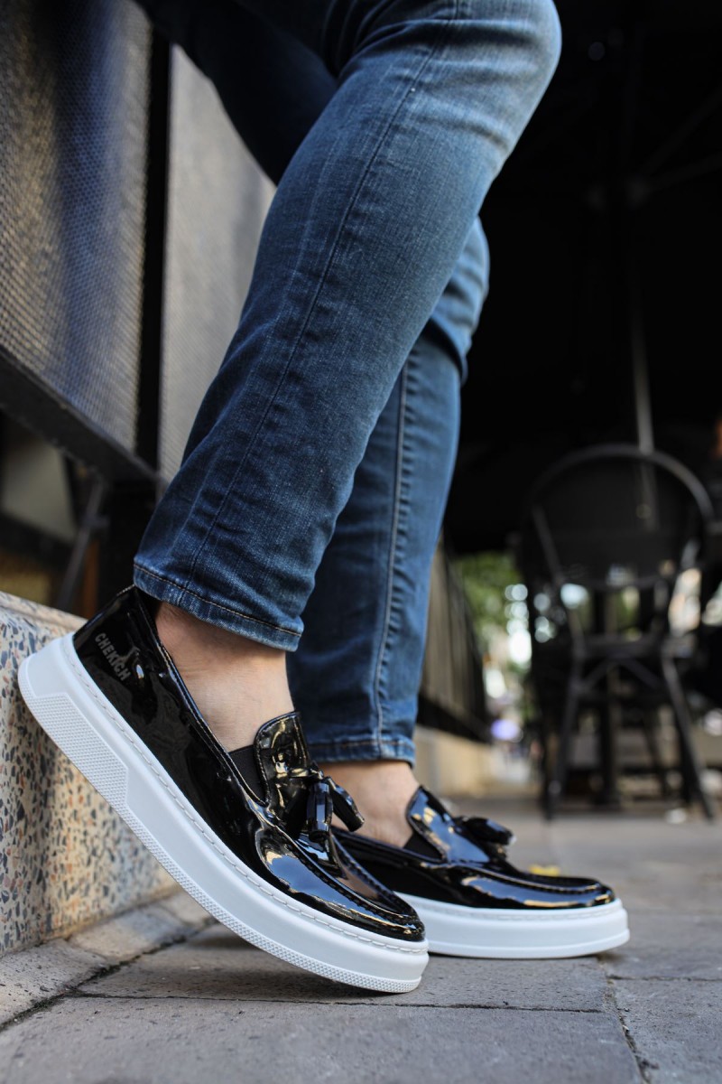 Mens Classic Shoes - Black White Patent Leather - 127