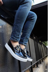 Mens Classic Shoes - Black White Patent Leather - 127