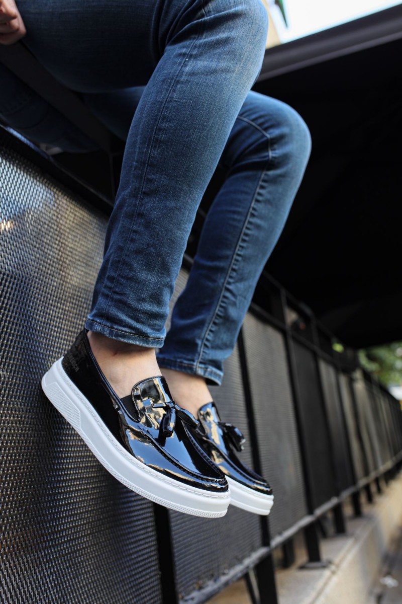 Mens Classic Shoes - Black White Patent Leather - 127