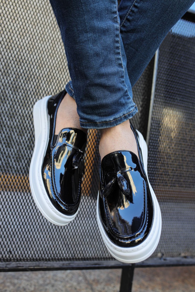 Mens Classic Shoes - Black White Patent Leather - 127