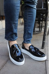 Mens Classic Shoes - Black White Patent Leather - 127