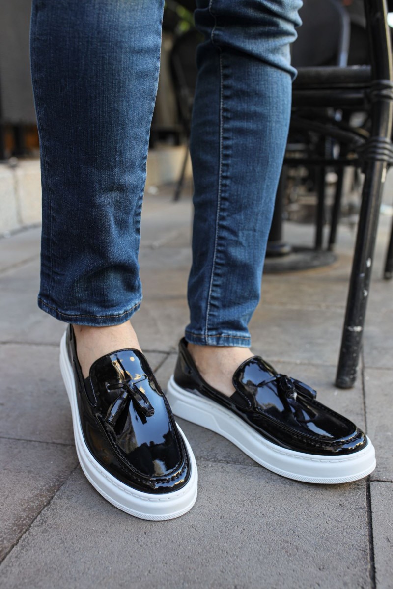 Mens Classic Shoes - Black White Patent Leather - 127