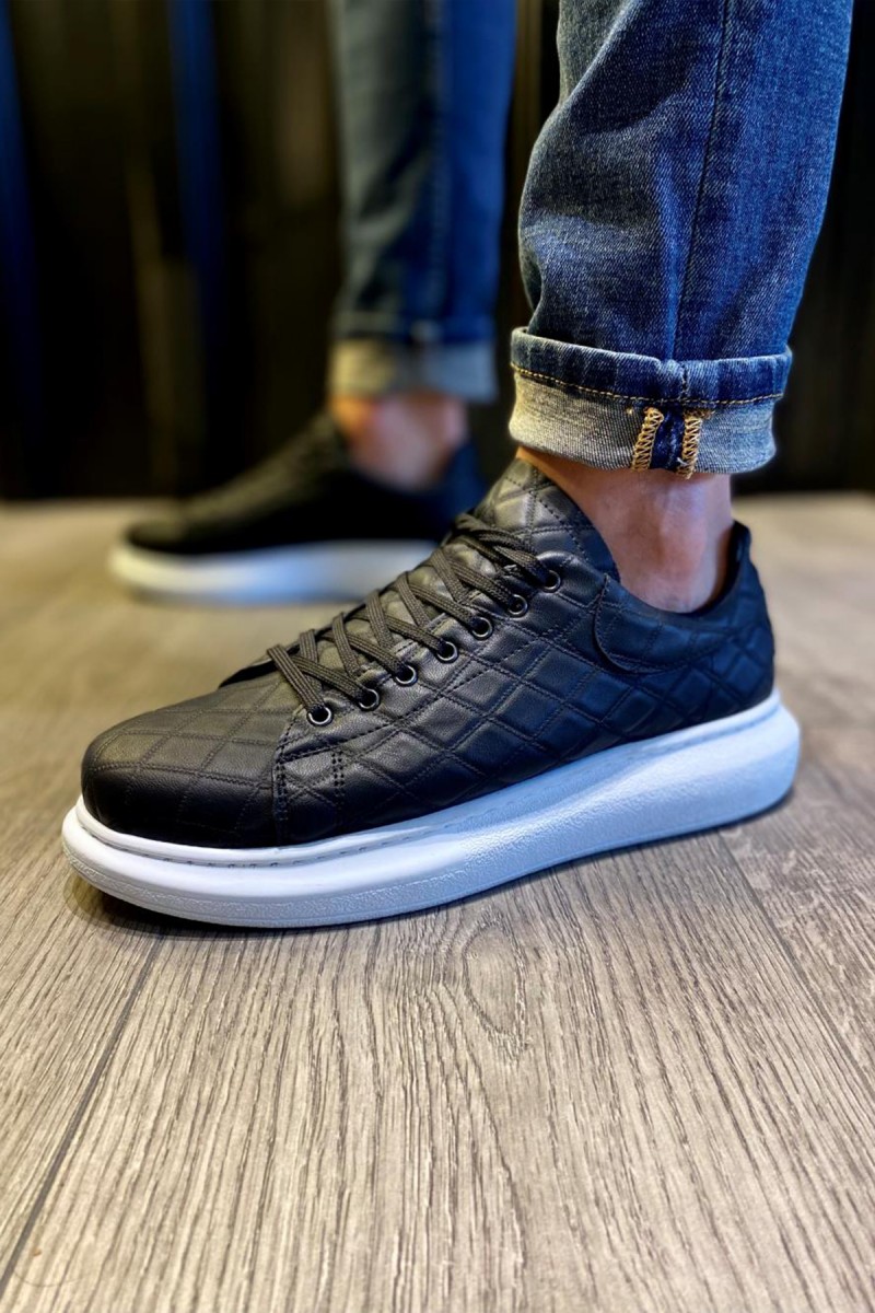 Mens Sneakers - Black White Quilted - 044