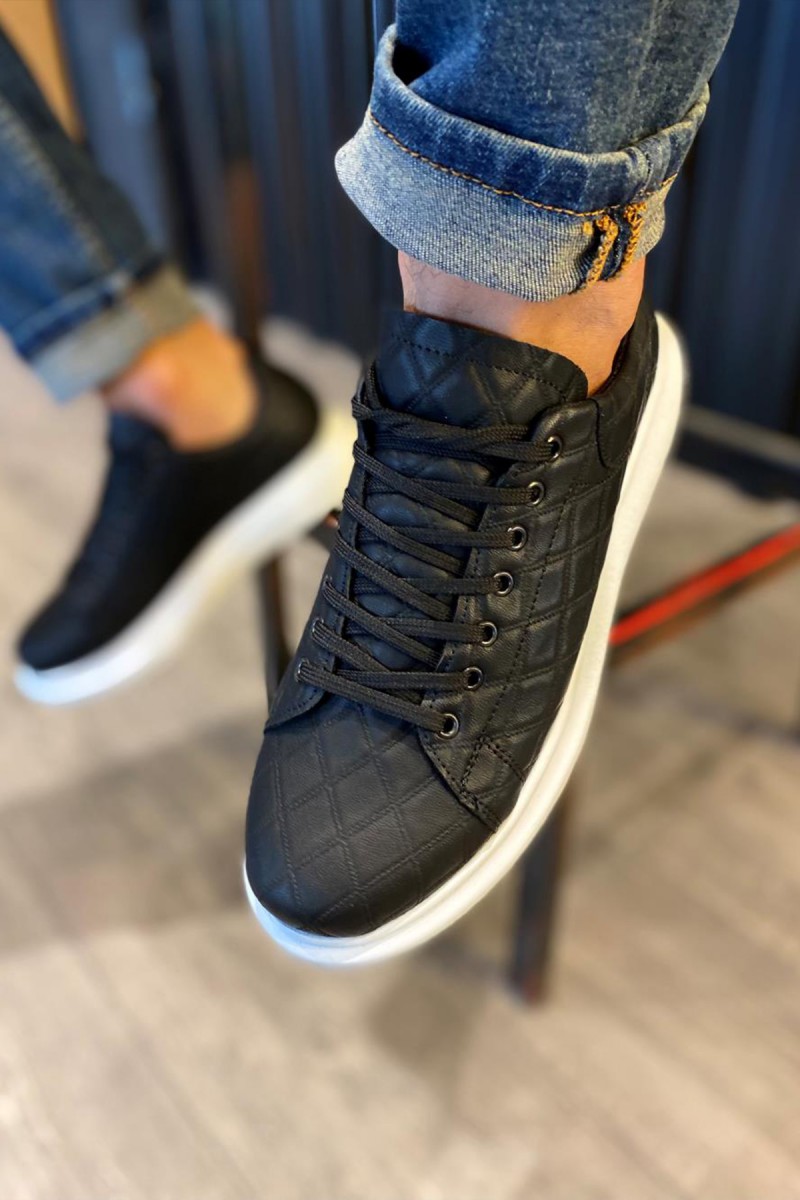 Mens Sneakers - Black White Quilted - 044
