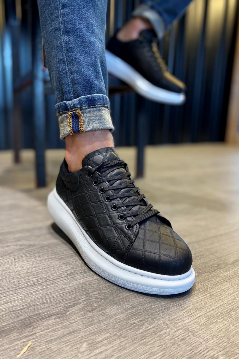 Mens Sneakers - Black White Quilted - 044