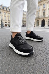 Mens Genuine Leather Sneakers - Black White - 321