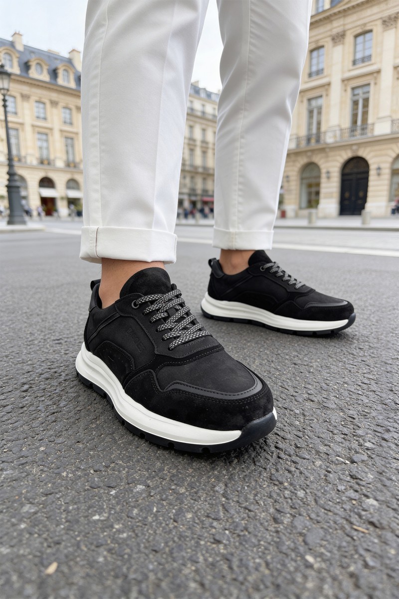 Mens Genuine Leather Sneakers - Black White - 321