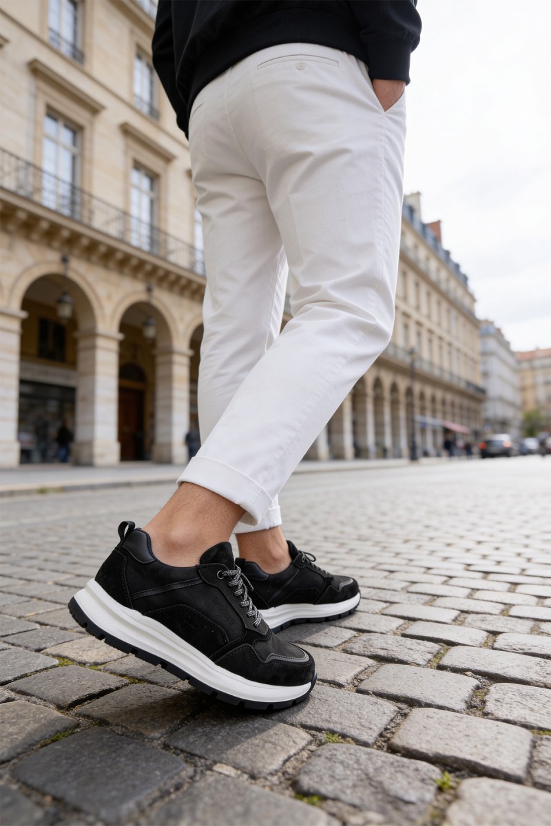 Mens Genuine Leather Sneakers - Black White - 321