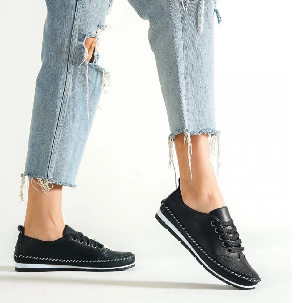 Women's Genuine Leather Ballerina - Black - 16