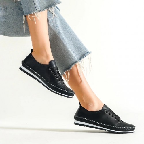 Women's Genuine Leather Ballerina - Black - 16