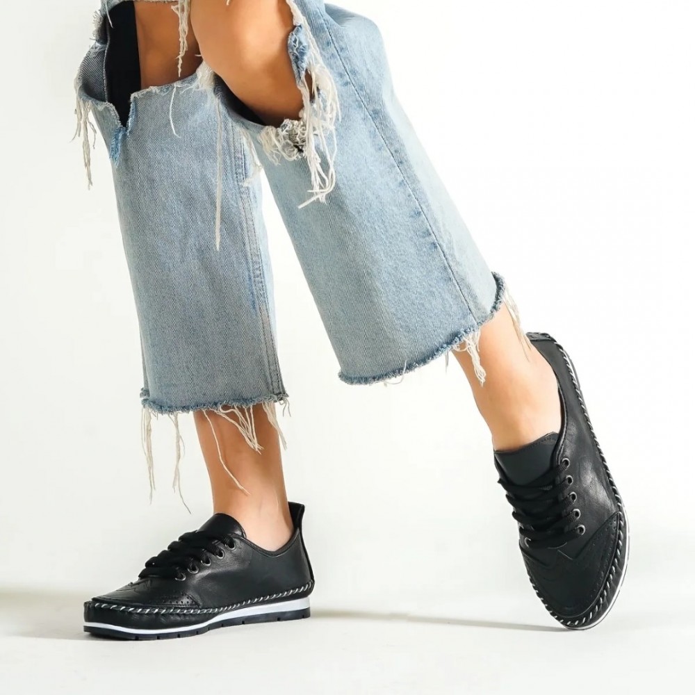 Women's Genuine Leather Ballerina - Black - 16