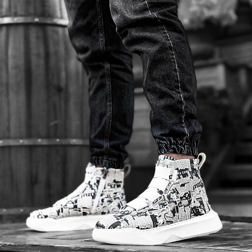 Mens High Top Sneakers - Newspaper Painted - 0142