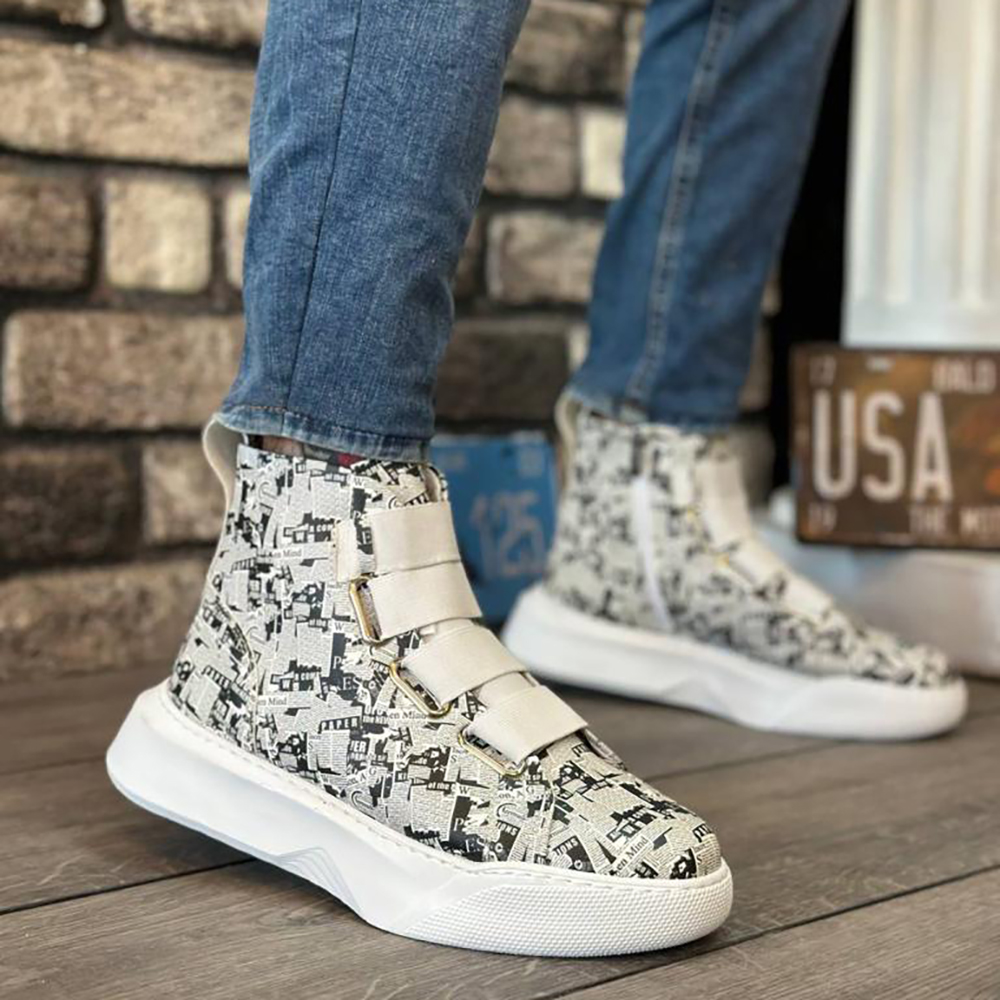 Mens High Top Sneakers - Newspaper Painted - 0142