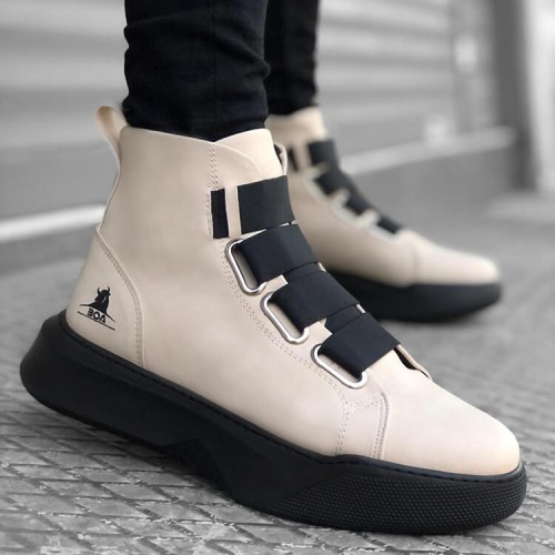 Mens High Top Sneakers - Beige Black - 0142