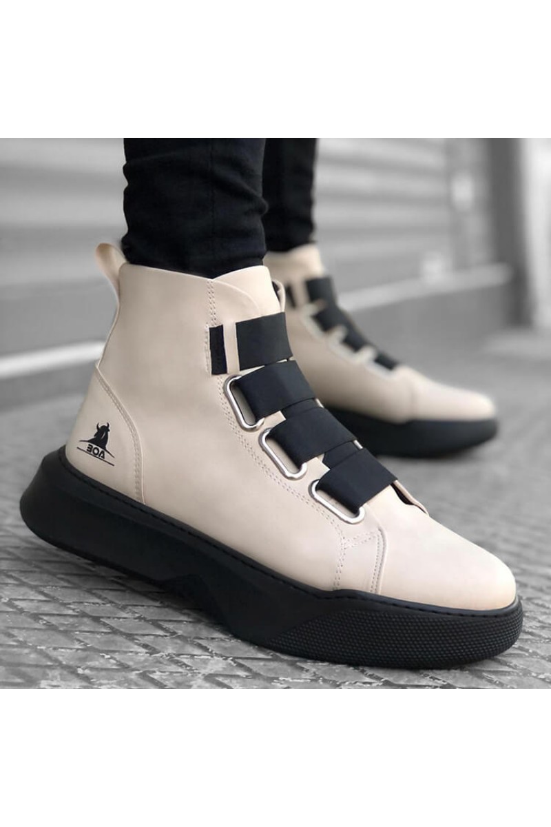 Mens High Top Sneakers - Beige Black - 0142