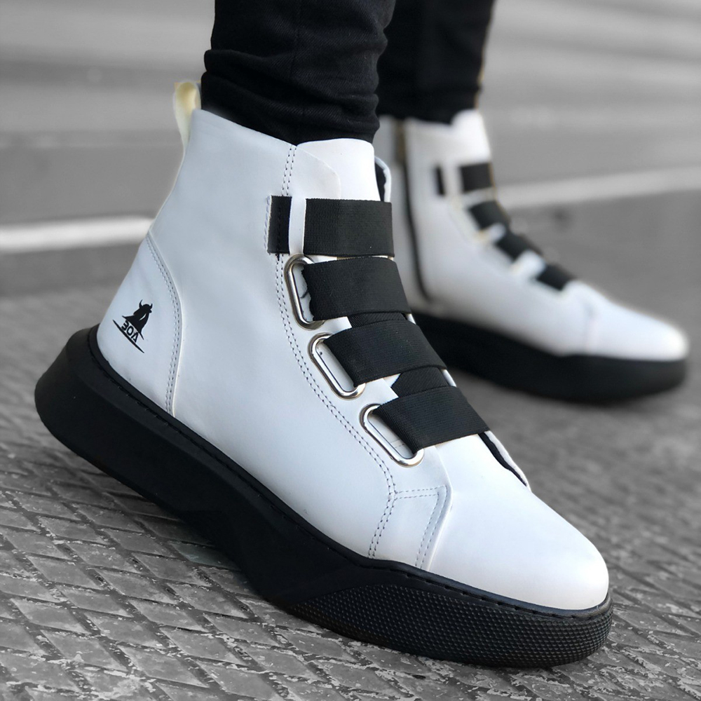 Mens High Top Sneakers - White Black - 0142