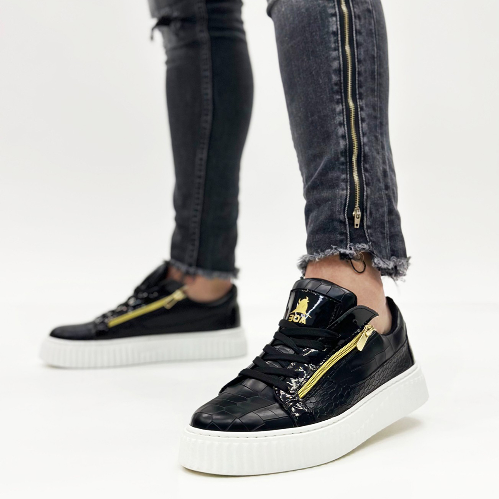 Mens Sneakers - Black White - Zipper 308