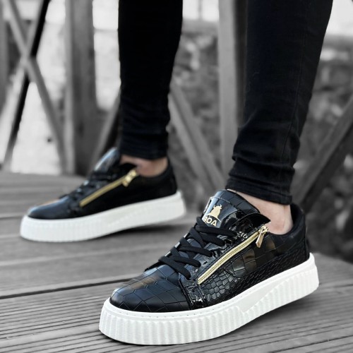 Mens Sneakers - Black White - Zipper 308