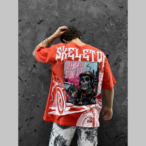 Mens Oversized T-shirt - Red - Skeleton