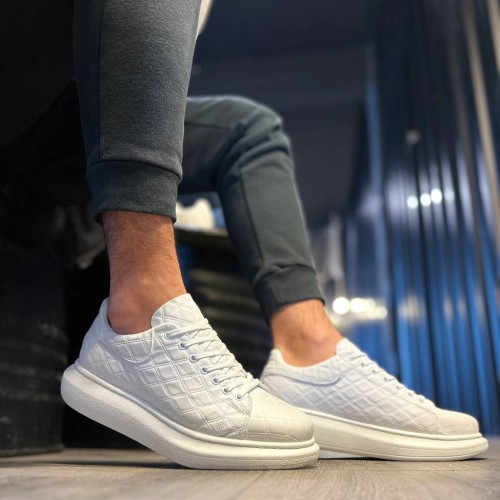 Mens Sneakers - White Quilted - 044