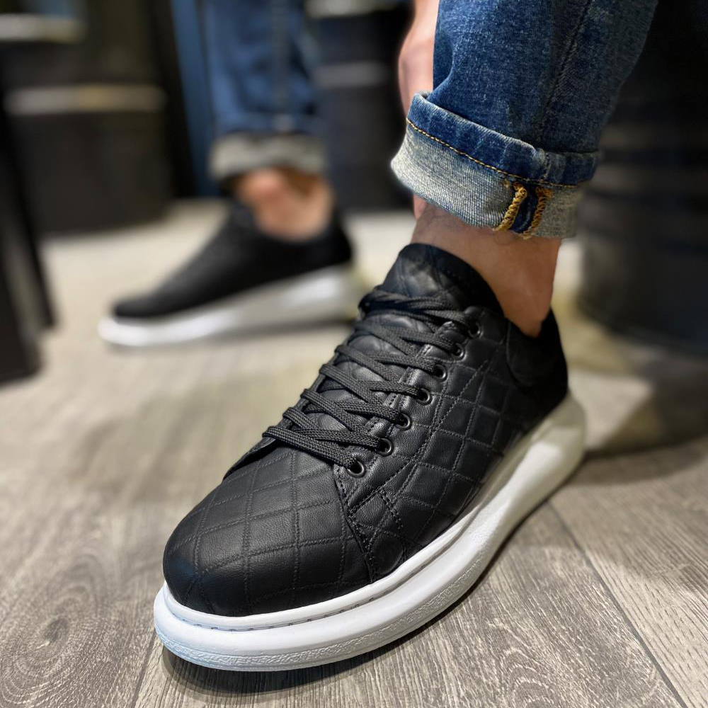 Mens Sneakers - Black White Quilted - 044