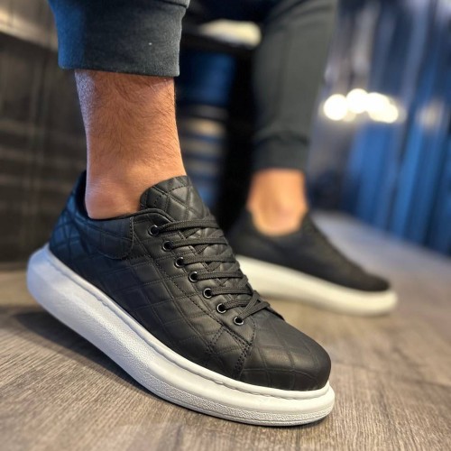 Mens Sneakers - Black White Quilted - 044