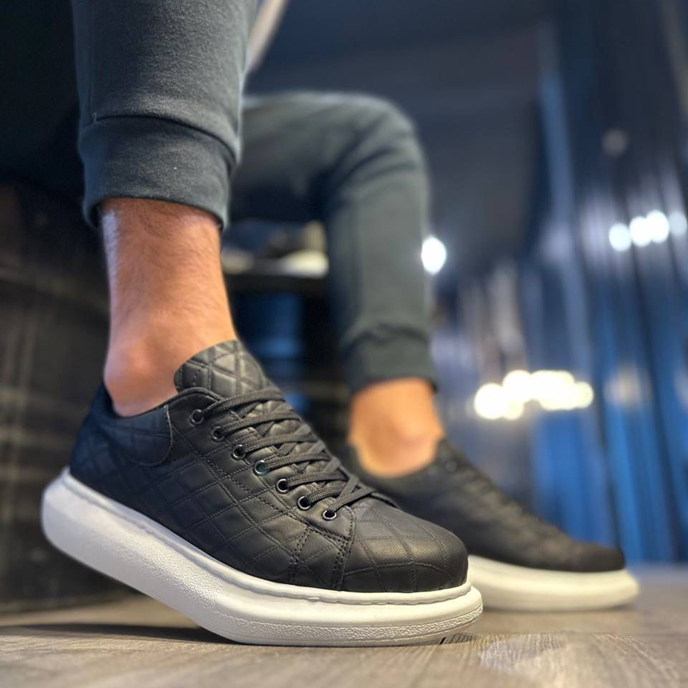 Mens Sneakers - Black White Quilted - 044