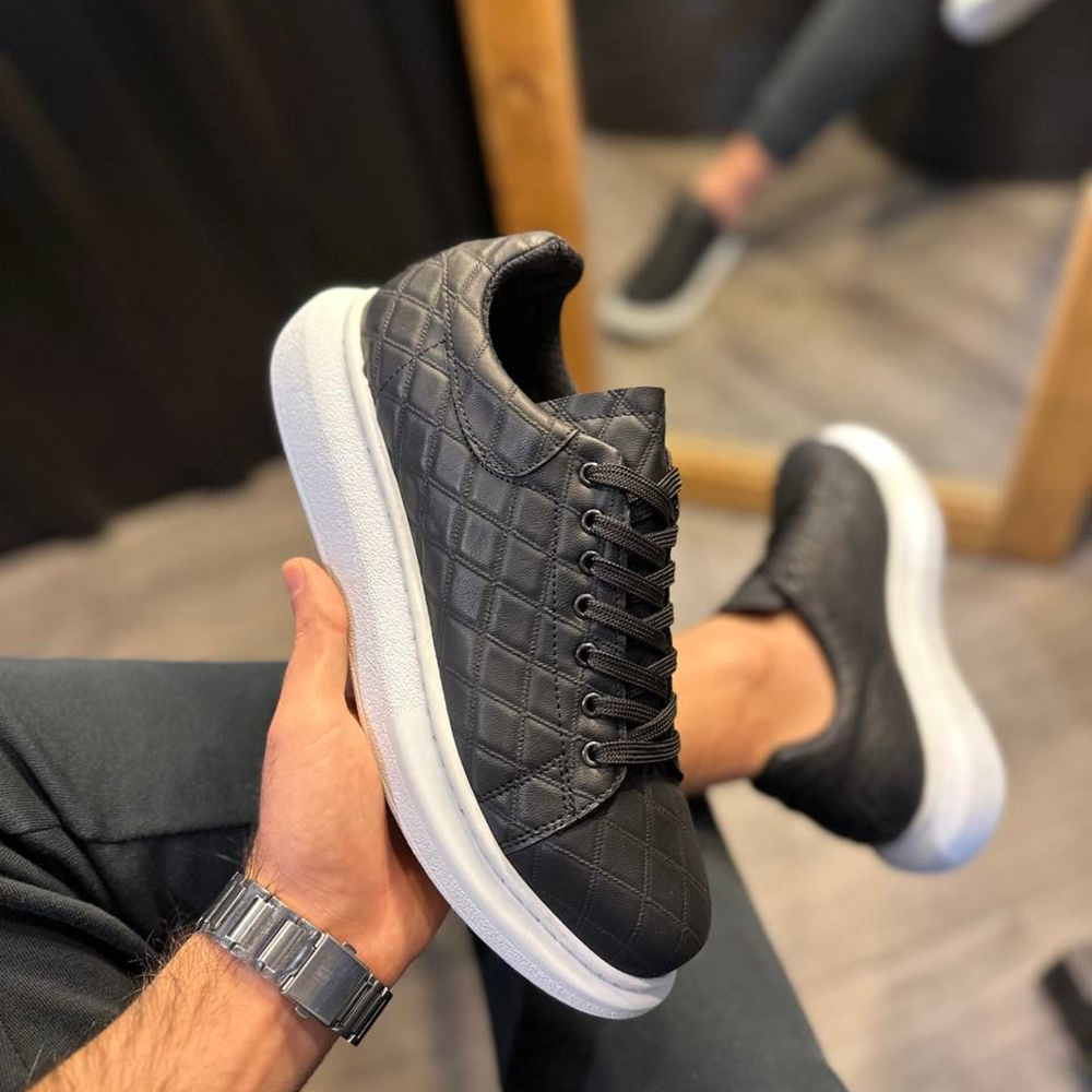 Mens Sneakers - Black White Quilted - 044