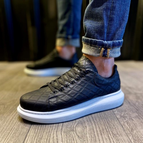 Mens Sneakers - Black White Quilted - 044