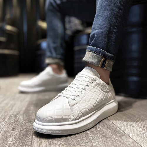 Mens Sneakers - White Quilted - 044