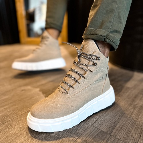 Mens High Top Sneakers - Beige Suede - 104