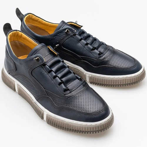 Mens Genuine Leather Casual Shoes - Dark Blue - 001