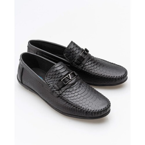 Mens Genuine Leather Loafer Shoes - Black - 002