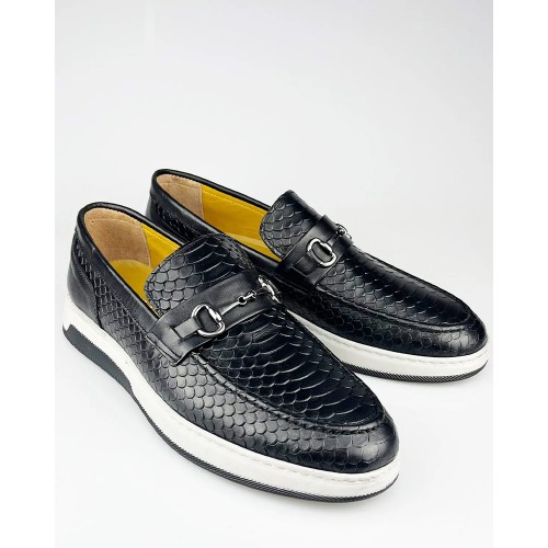 Mens Genuine Leather Loafer Shoes - Black - 003