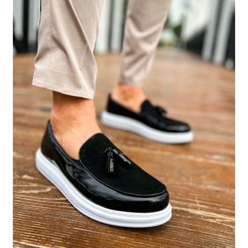 Mens Loafer - Black White Patent Leather - 002