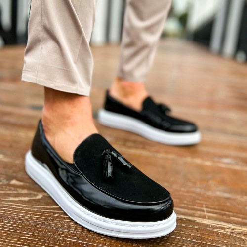 Mens Loafer - Black White Patent Leather - 002