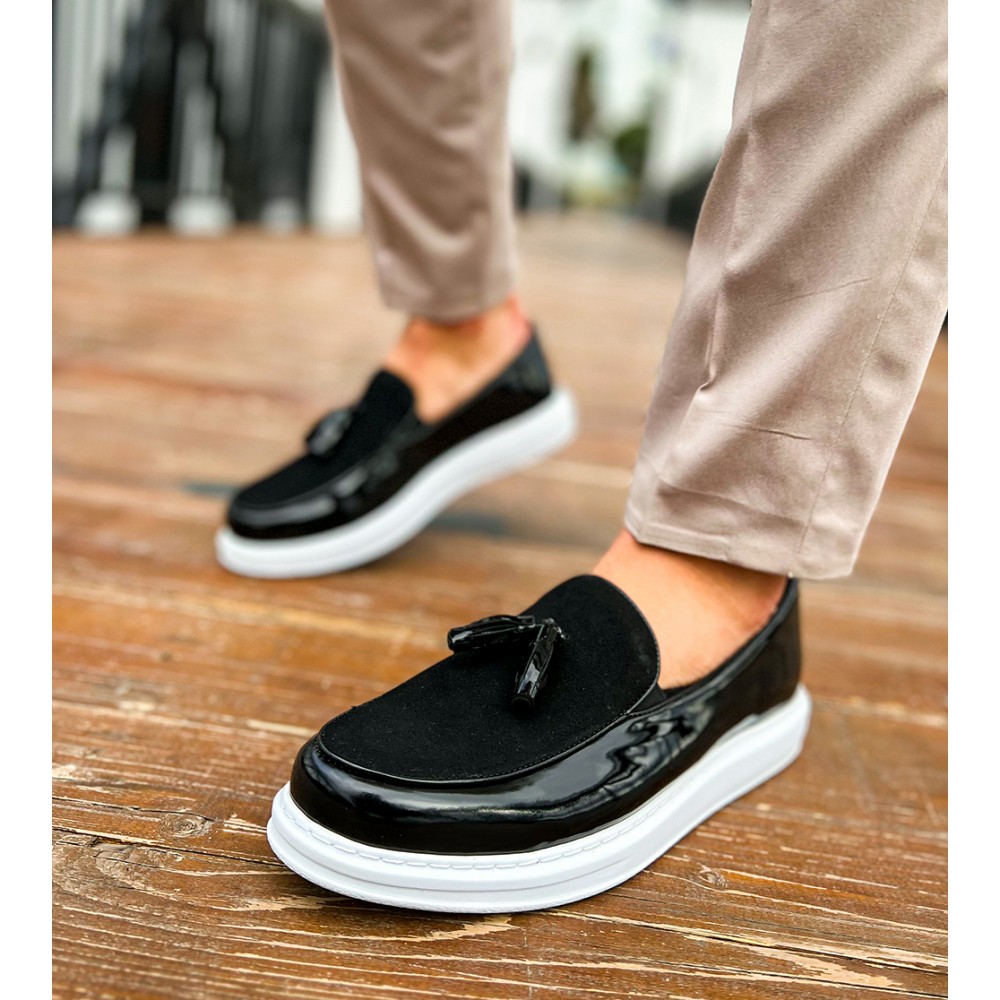 Mens Loafer - Black White Patent Leather - 002