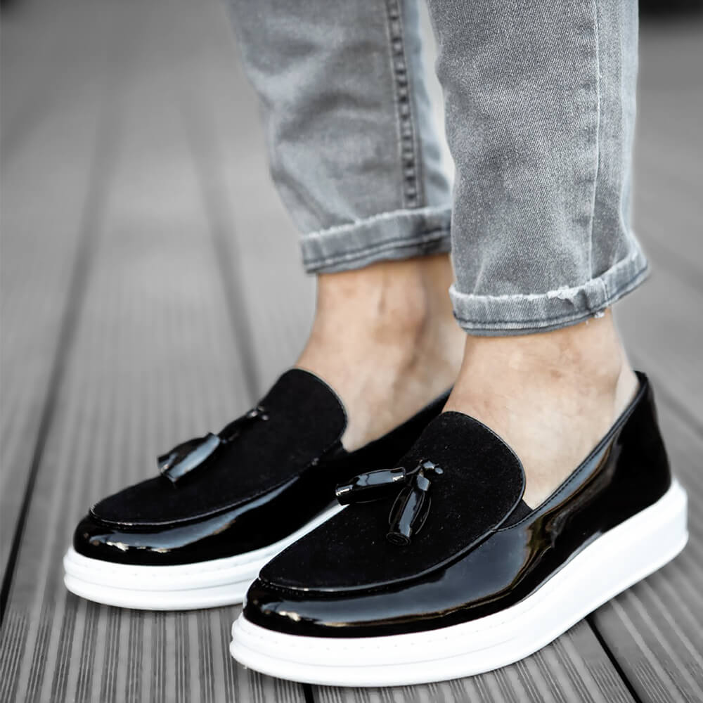 Mens Classic Shoes - Black White Patent Leather - 002